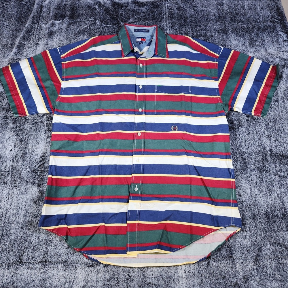 Vintage 90s Tommy Hilfiger Mens Medium Striped Shirt  Color Block‎ vtg Classic